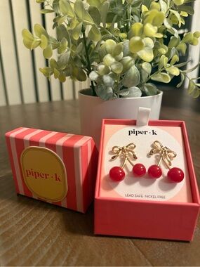 Piper K Gold Bow Cherry Ribbon Earrings NIP